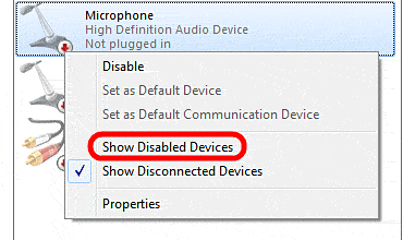 Windows 7 Sound Control, Show Disabled